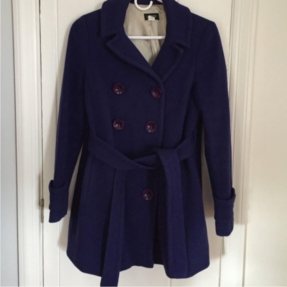 J Crew Blue Double-Breasted Pea Coat with Belt